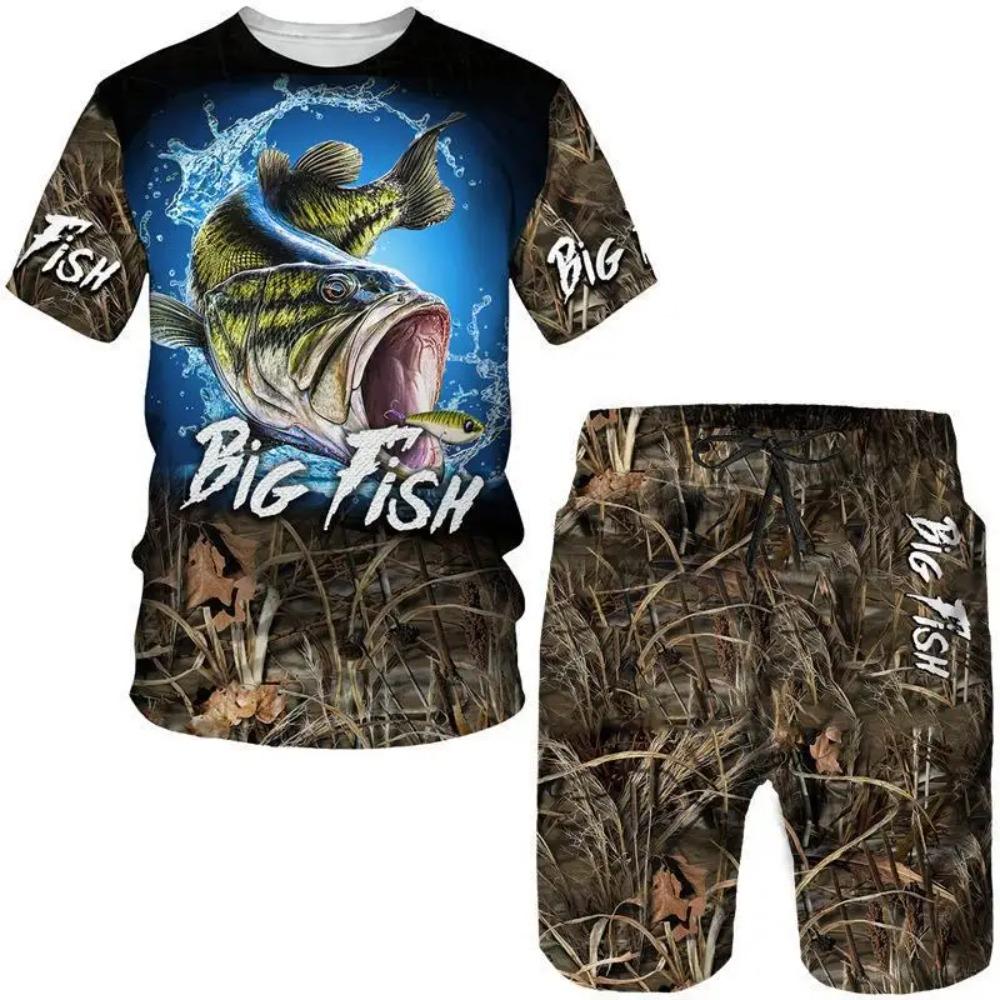 Summer Men s Fish Printed Sports Suit Fashion Trend Breathable Versatile S
