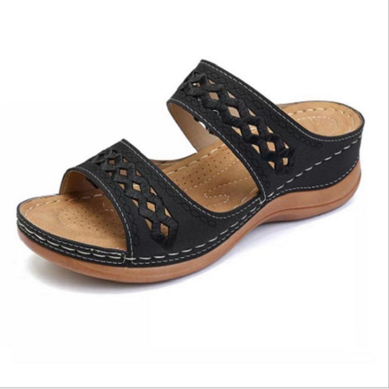 Fashion New Women Summer Solid Color Slip On Casual Open Toe Wedges Soft Bottom Breathable Slippers Shoes Sandals