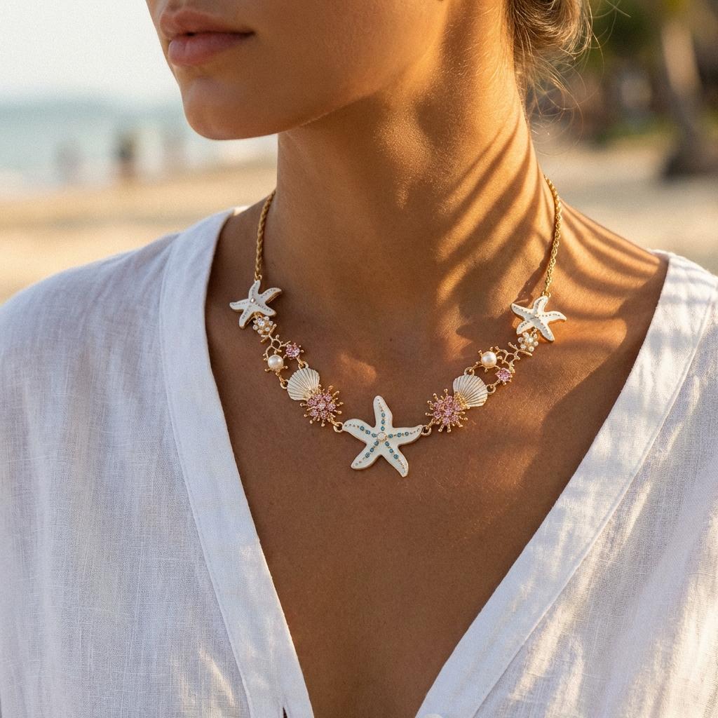 Boho Starfish Shell Coral Pearl Pendant Necklace For Women Shiny Crystal Zircon Dripping Oil Beach Clavicle Choker Charm Jewelry