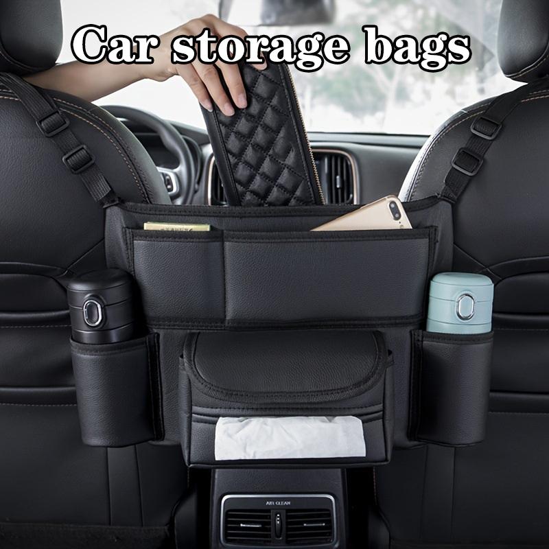 One Durable PU Leather Car Seat Storage Bag With Cup Holder, Side Pockets And Front Storage Compartment.