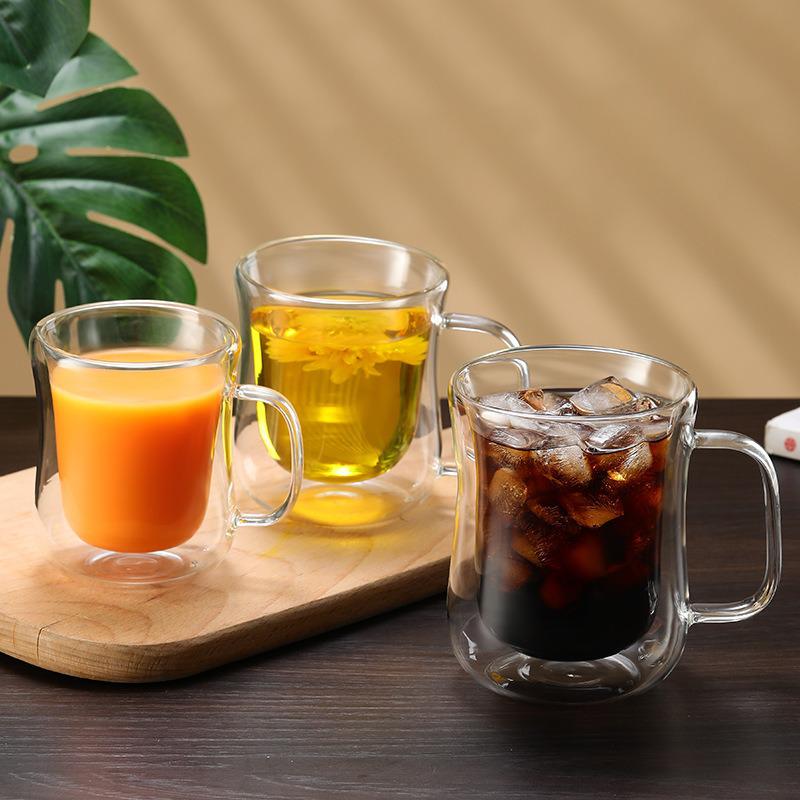 Double-Walled Borosilicate Glass Coffee Cup, Heat Insulating, Transparent, Slender Handle, In Stock for Home Use. 220ml