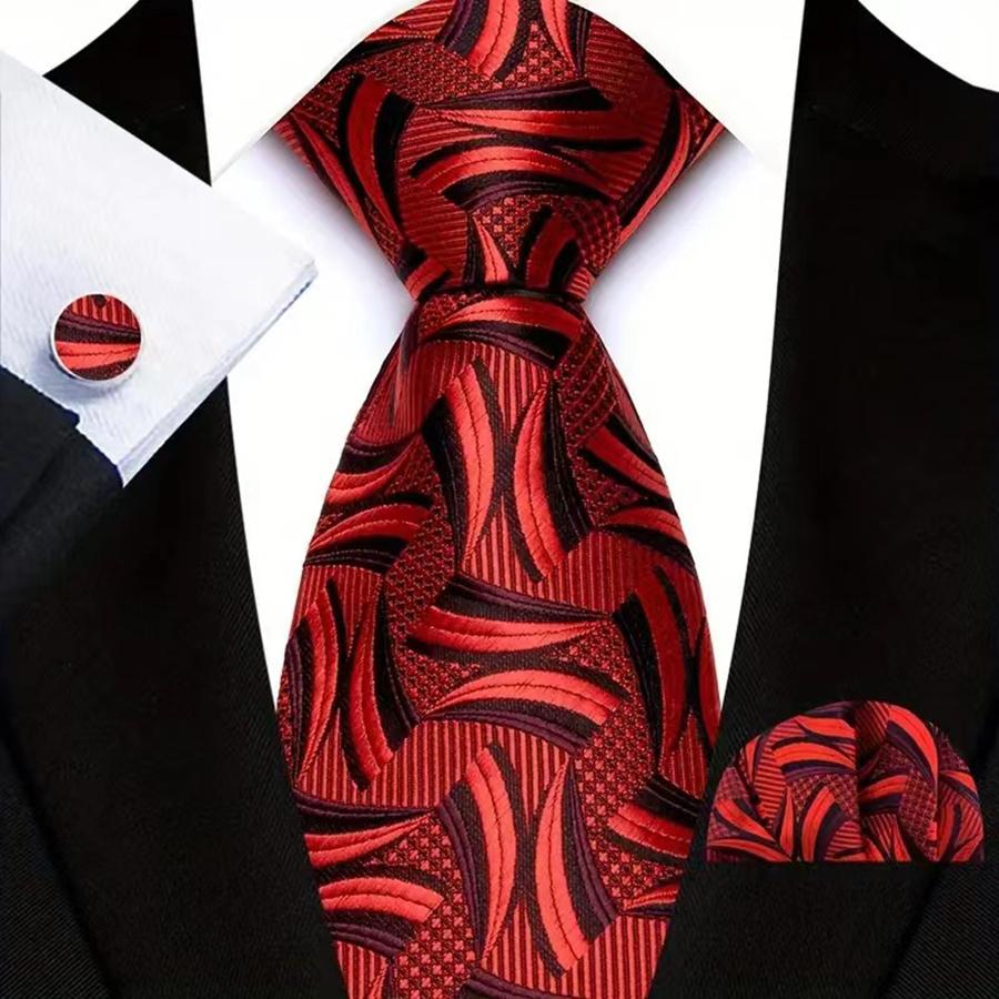 Red Striped Paisley Solid Floral Wedding 8CM Tie For Men Design Mens Necktie Hanky Cufflink Set For Daily Wear Business Party