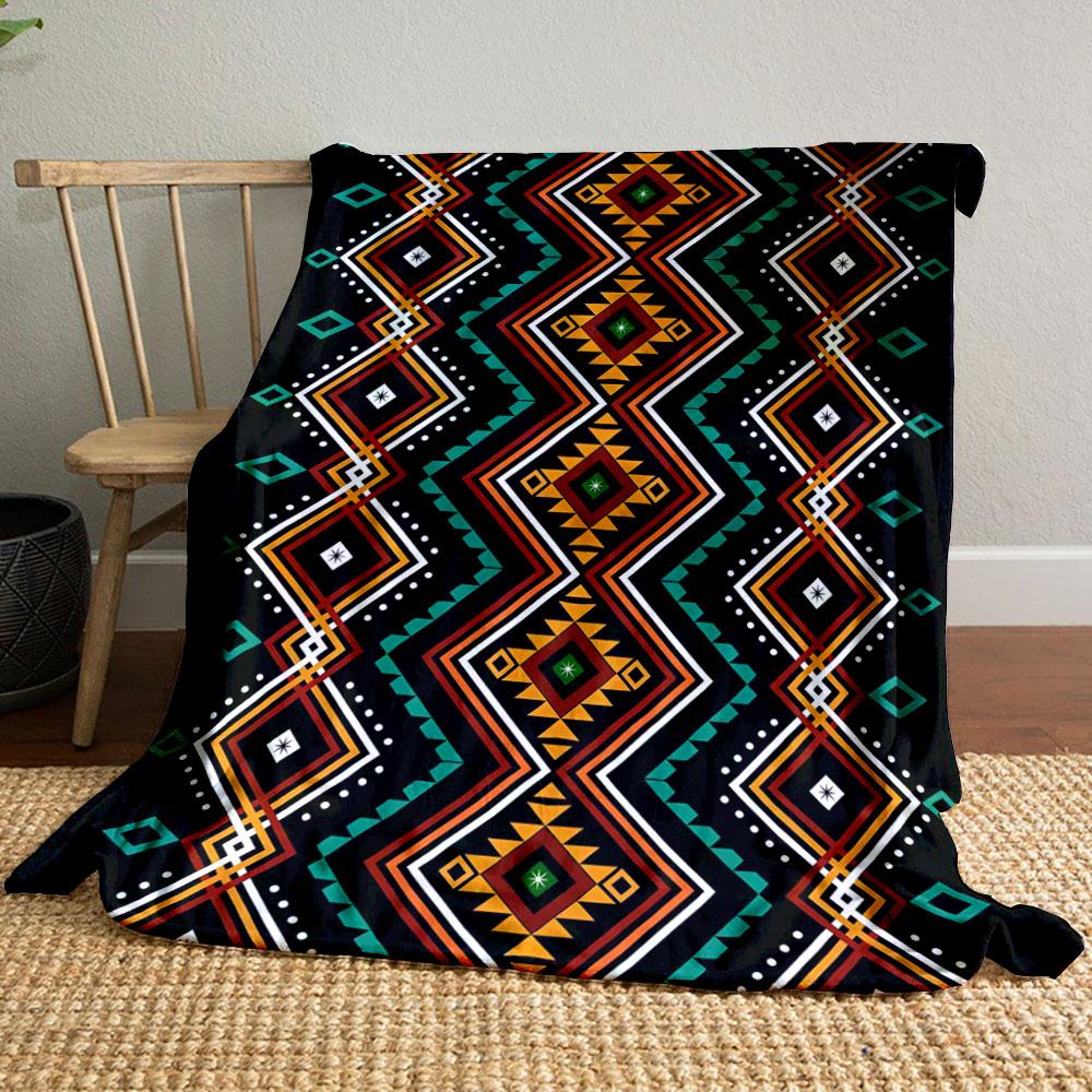 Geometric diamond shapes with angular lines and vibrant tribal colors. for all seasons blanket lunch break throw gift