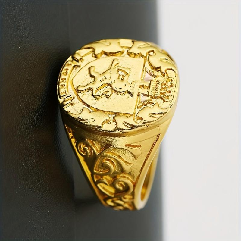 Men's Elegant Crown & Lion Shield Emblem Ring - Golden Plated Royal Seal Design, Intricate Detailing, Durable Statement for Casual & Formal Wear, Form