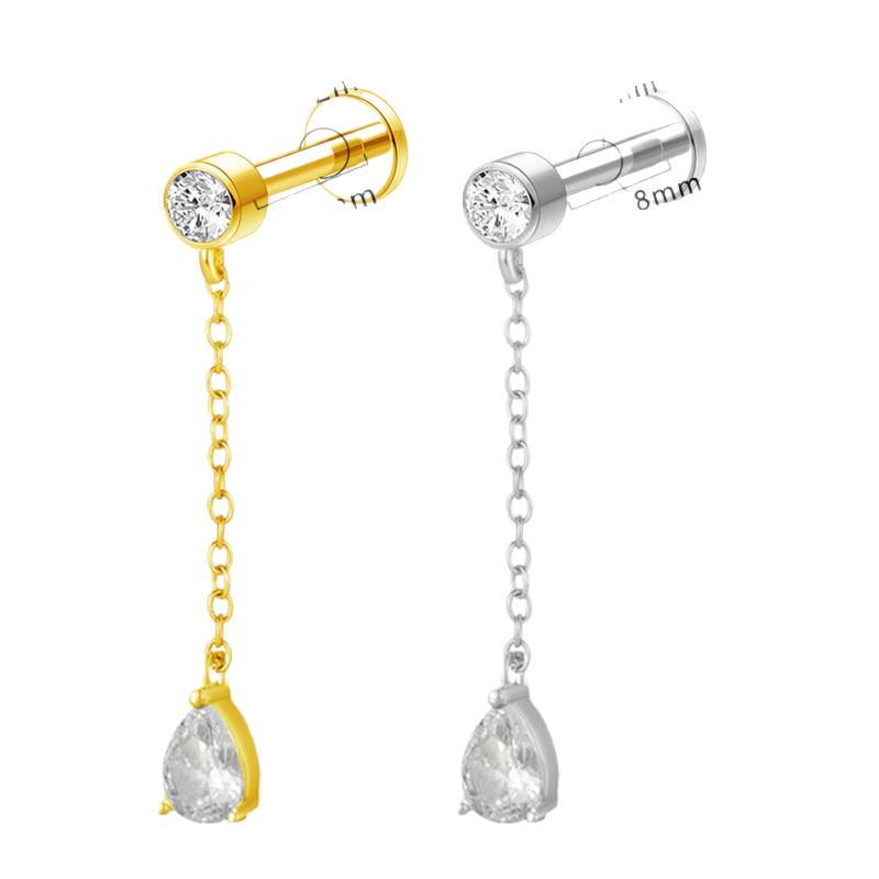 G23 Titanium Cartilage Stud with Zircon Chain and Lightning-Inlaid Titanium Lip Stud.