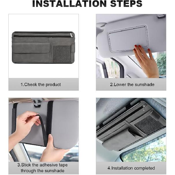 Car Sun Visor Organizer, Leather Sun Visor Pocket Organizer Case With Multi-Pocket Net Zipper, Suede Note Holder Car Visor Storage Pouch For Card Pen