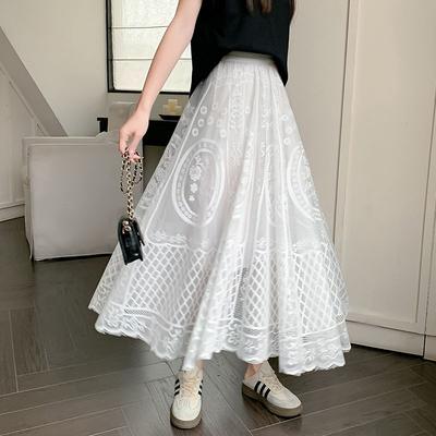 Elegant Floral Lace Maxi Skirt for Women, High Waist Lace Hollow Pendulum A-shaped Skirt Sweet A-shaped Long Skirt