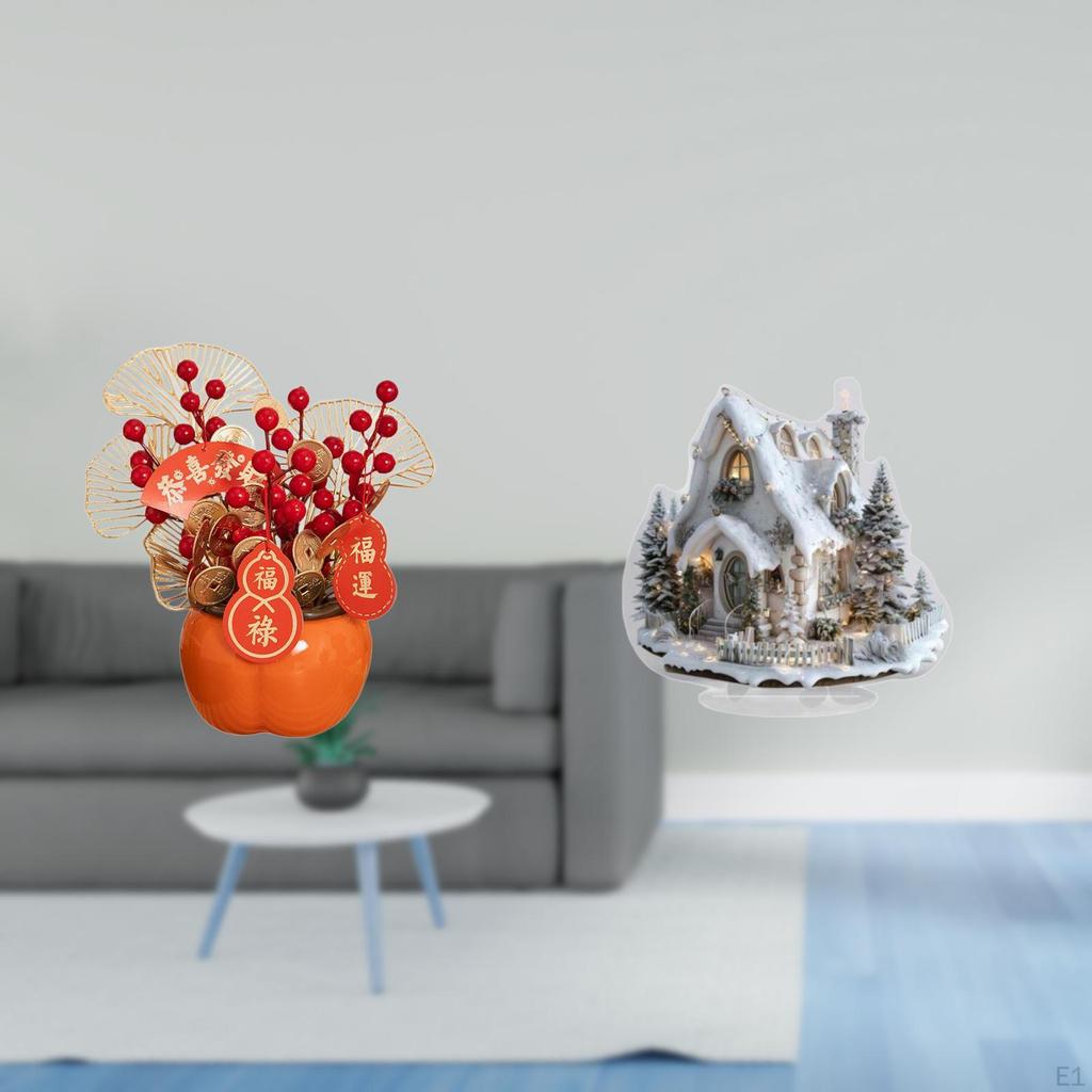 Artificial Bonsai Flower Bucket Chinese Year Spring Festival Desk Decoration with Acrylic Snow