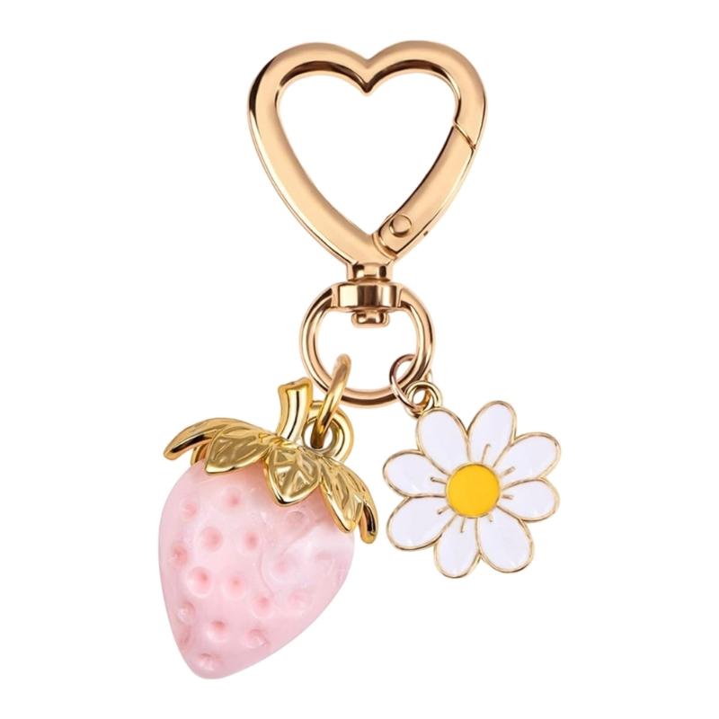 Romance Heart Shaped Resin Keychain With Strawberry Daisy Designs Portable Sturdy for Keys Bags Gifts