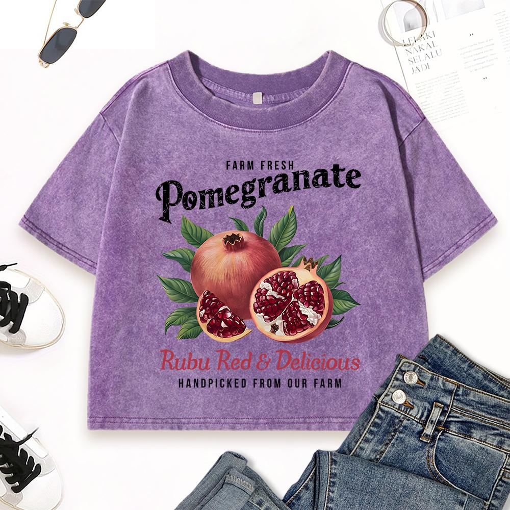 Farm Fresh Pomegranate Fruit Printed Washed T-Shirt Women Slim Vintage T Shirts Cotton Summer Tops Casual Clothing