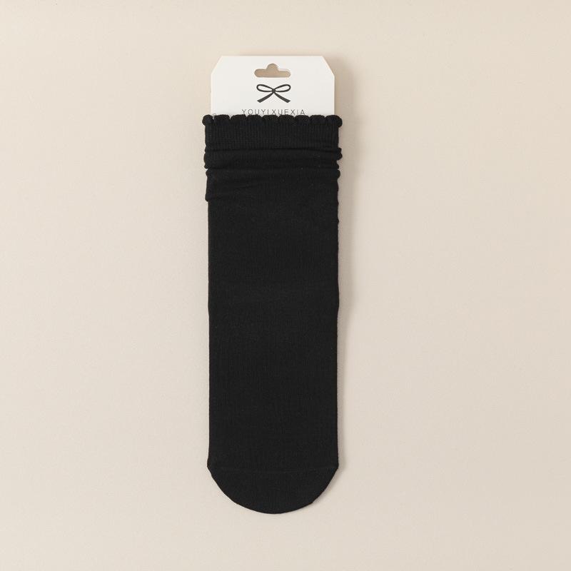 5/10 Pairs Comfortable Casual Lace Socks for Women Solid Color Flat Earring Edge Mid Calf Socks Breathable Sweat Absorbing Cotton Pile Socks