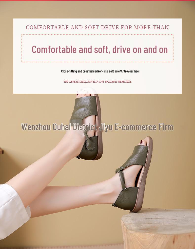 Sandale Plate de Damă Retro Handmade din Piele de Vacă - Confortabile cu Velcro și Vârf Deschis pentru Vară