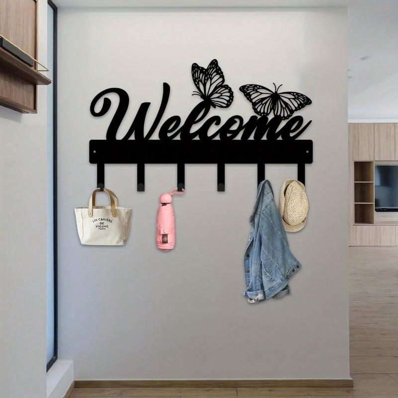 Bohemian Butterfly Key Holder Wall Mount with Multiple Hooks for Keys and Hats, Durable Metal Storage Organizer for Home Office Kitchen Bathroom