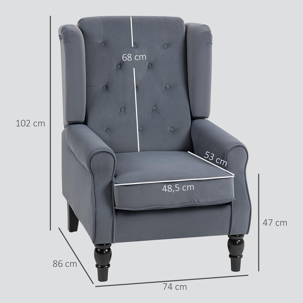 Ohrensessel Sessel, Vintage Design, Knopfheftung, Gedrehte Beine, 74 cm x 86 cm x 102 cm, Grau