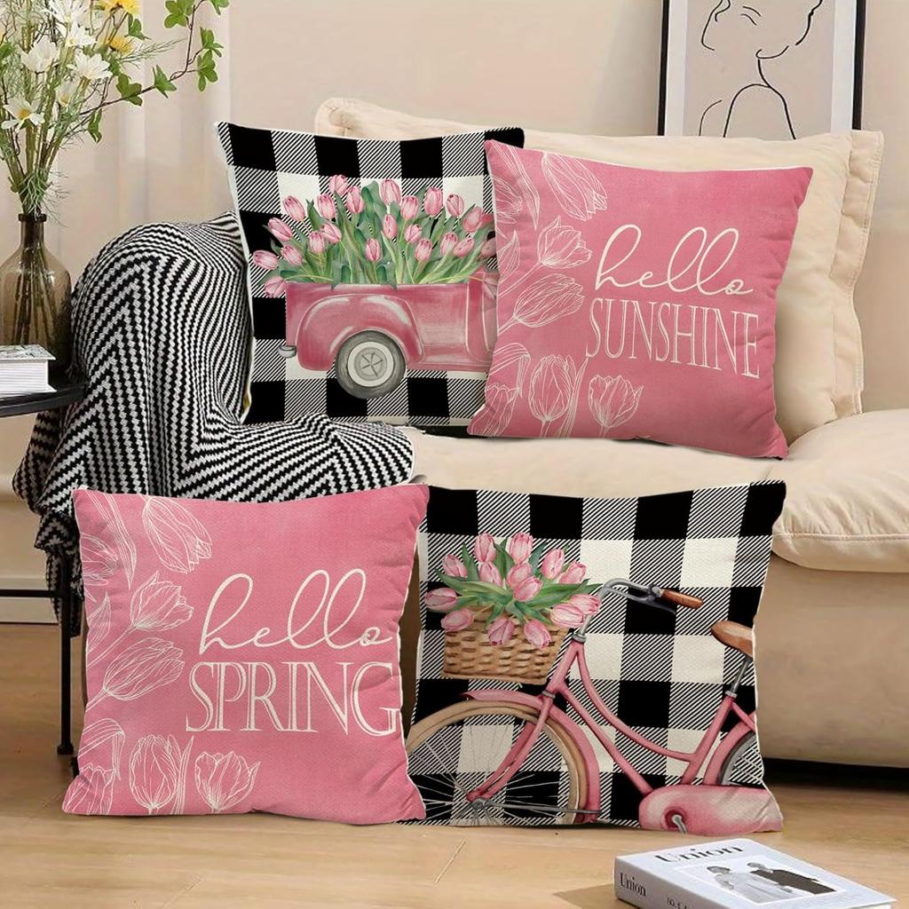 Hello Spring Pillow Covers Pink Tulip Bicycle Truck Pillowcases Spring Flowers Farmhouse Decorations, 18 x 18 Inch Cushion Case for Sofa Couch Set of