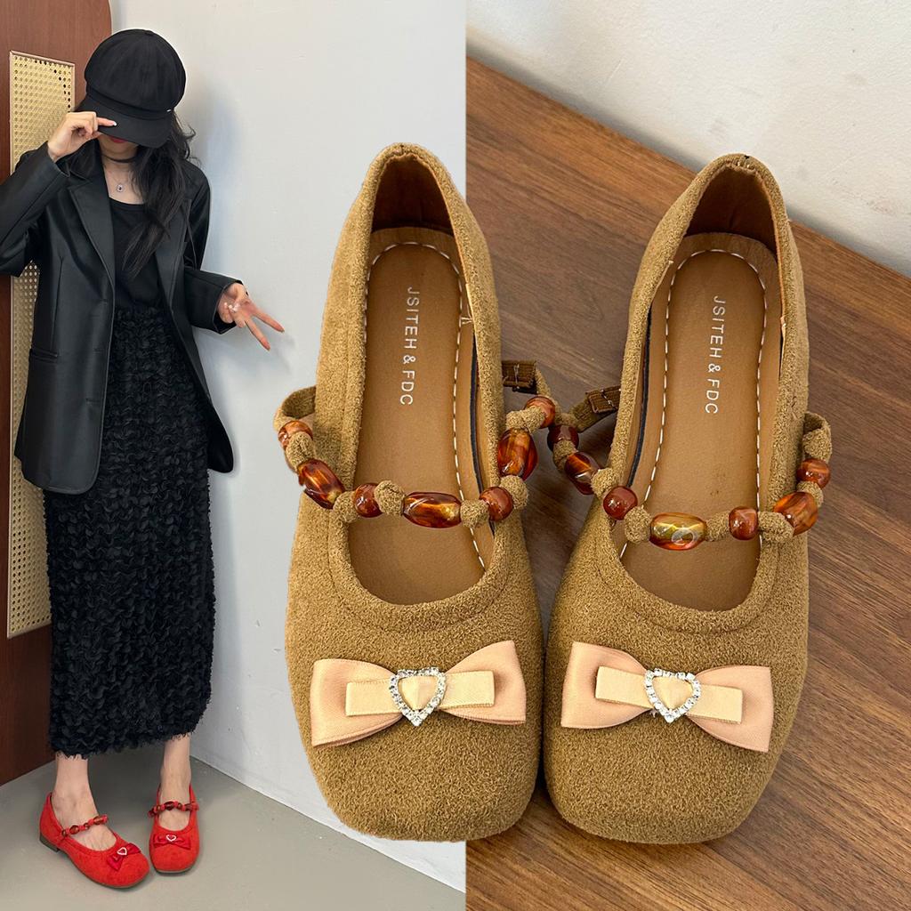 Fashion Beaded flat shallow toe single shoes for women 2025 new style with gentle bow and skirt, Mary Jane Bean shoes
