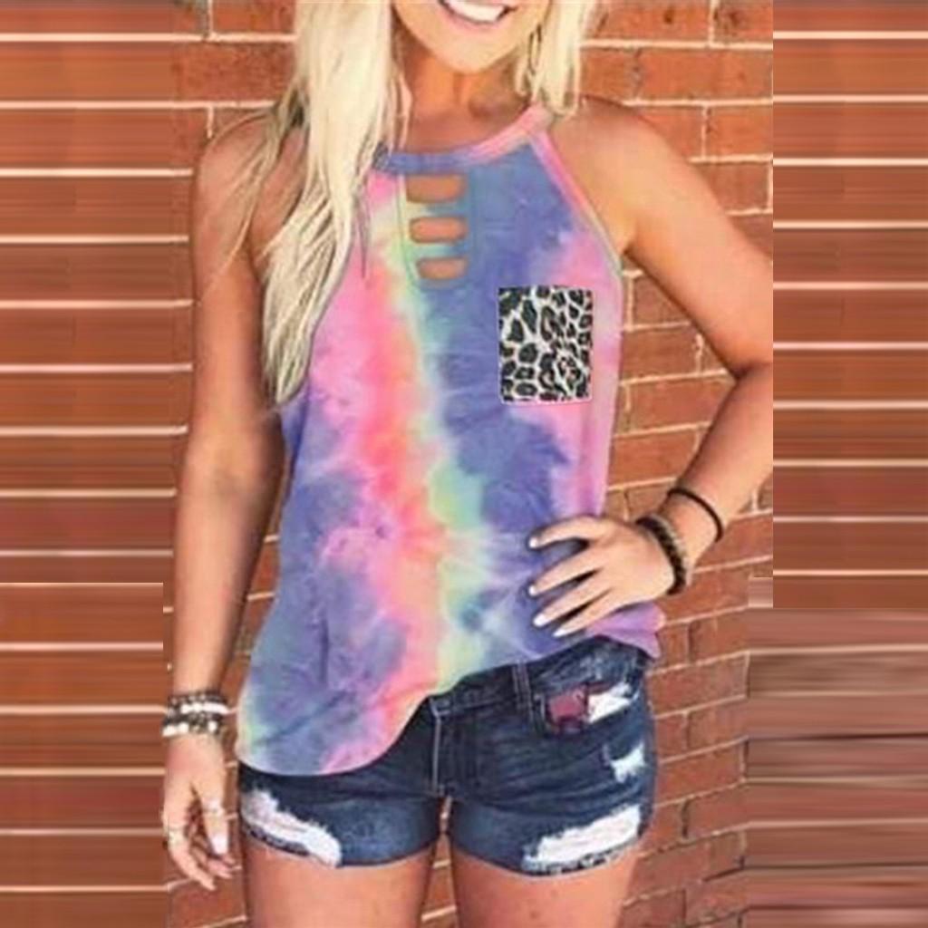 Womens Tie-Dye Leopard Pocket Sleeveless Tank Top Casual Summer Blouse Shirts
