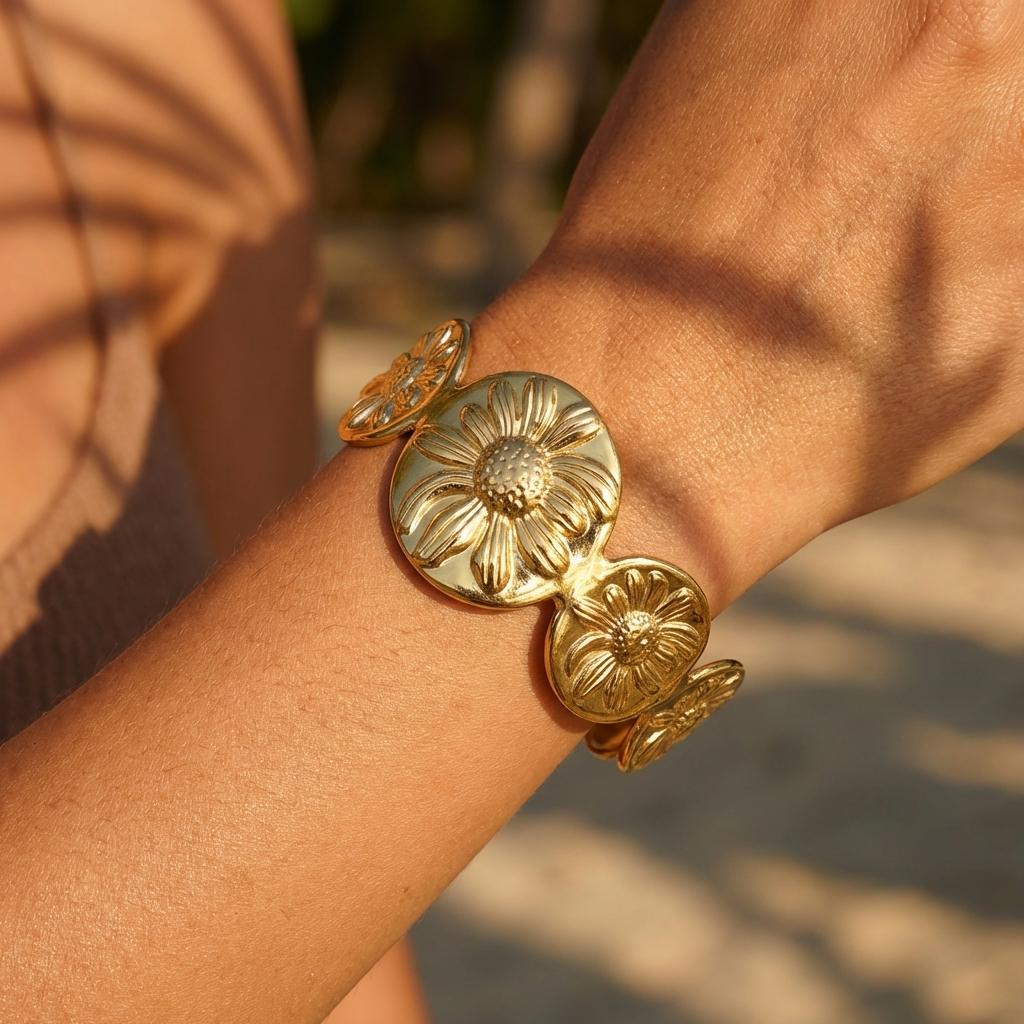 Vintage Sunflower Stainless Steel Bangle For Women Textured Floral Style Waterproof Metal Bracelet