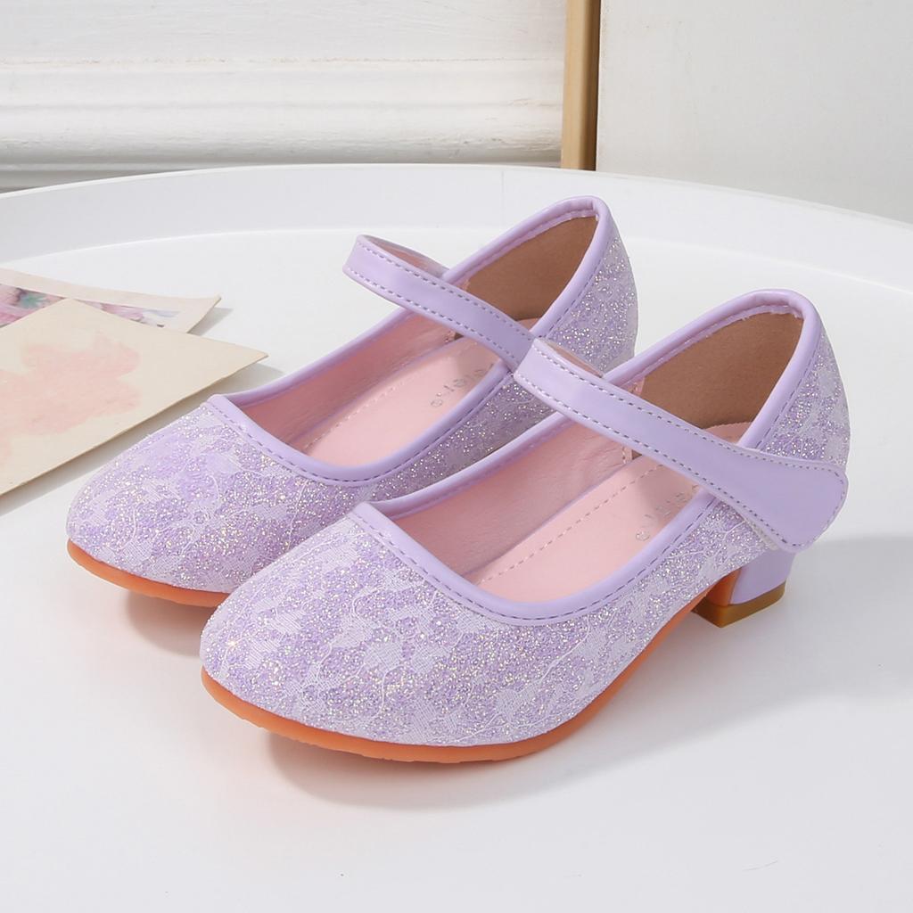 Children's high-heeled princess shoes, girls' Aisha crystal shoes, spring and autumn new little girl lace bow single shoes, leather shoes