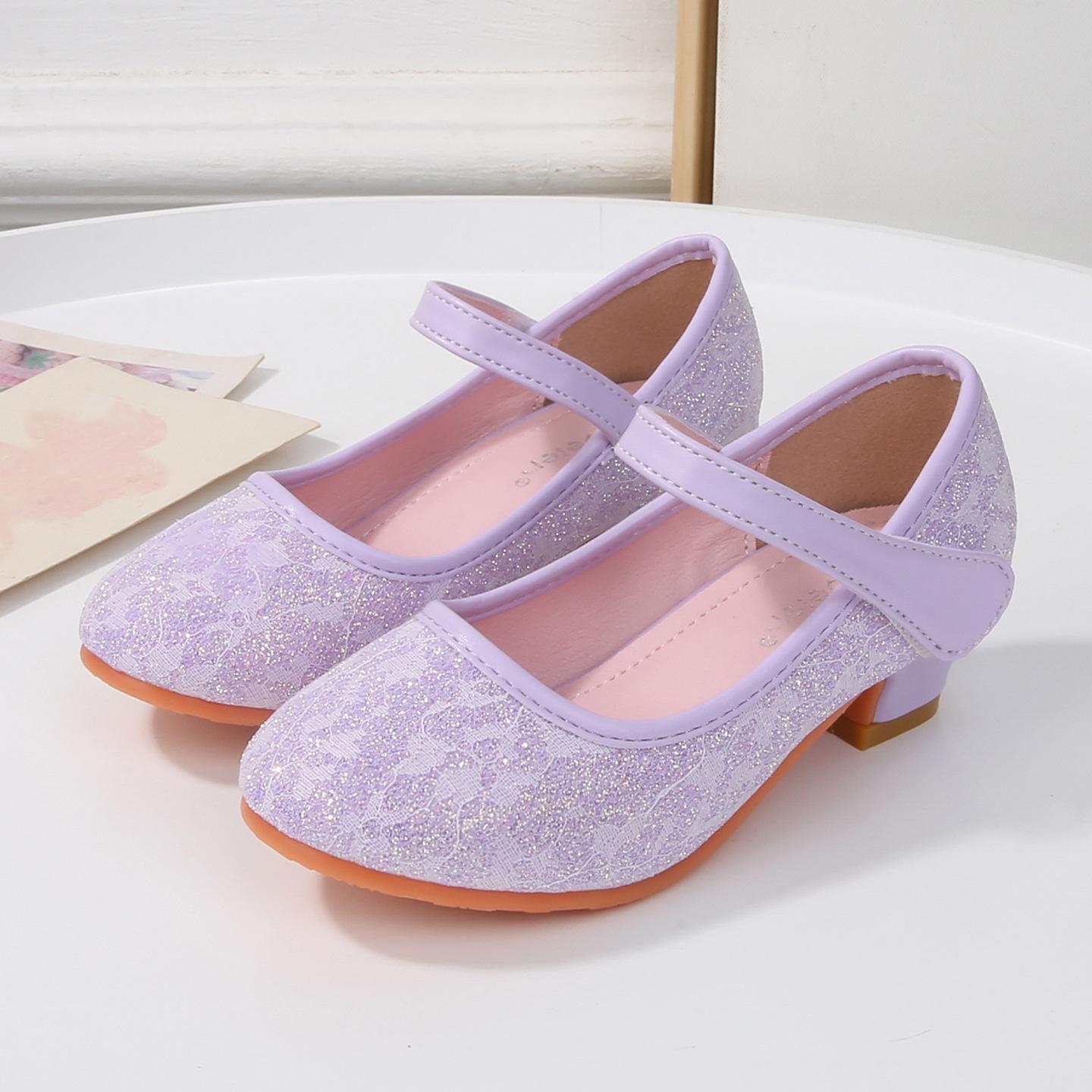 

Children s high-heeled princess shoes, girls Aisha crystal shoes, spring and autumn new little girl lace bow single shoes, leather shoes 36 yards/22cm фіолетовий