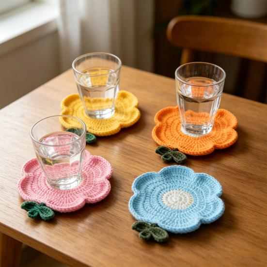 Crochet Flower Coasters, Handmade Knitted Heat Resistant Cup Mats Table Placemats, Decorative Crochet Doilies for Tabletop Protection, Cute Home Decor