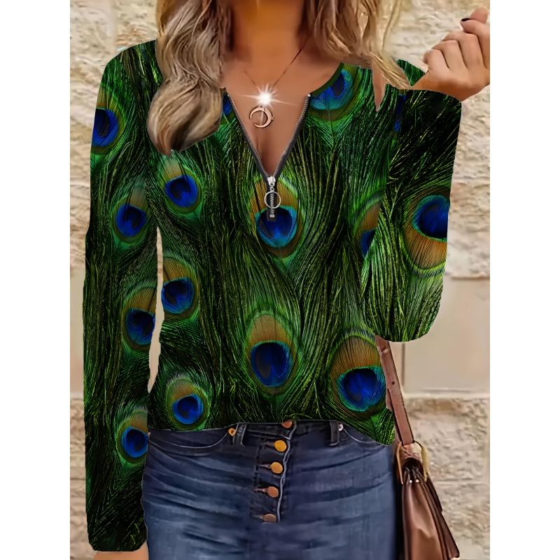 Elegant casual comfortable style painting peacock feather elements printed pattern code women's round neck zipper long sleeves