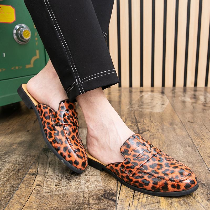 Men's Slippers Mule Loafers Leopard Print Leather Clogs Summer Dress Sandals Casual Backless Half-drag Shoes Plus Size