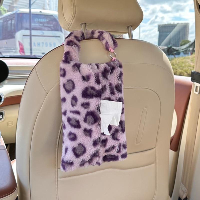Leopard print car tissue box plush hanging car seat tissue box cute car interior decoration tissue hanging bag