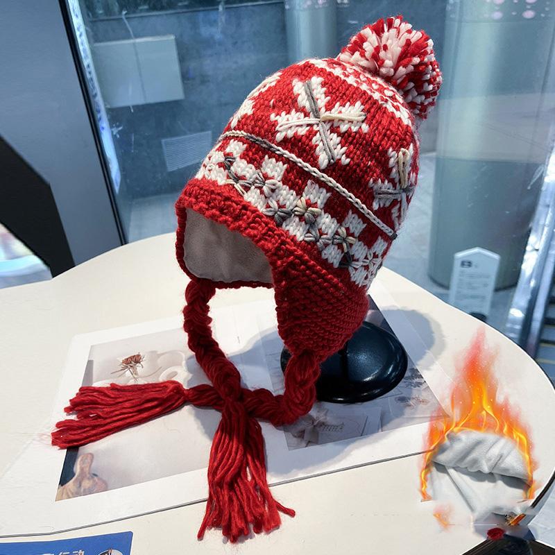 Handmade Crochet Knitted Hat Women Parent-child Warm Colorful Mixed Yarn Beanie Double Braids Ear Protection Winter Outdoor Cap
