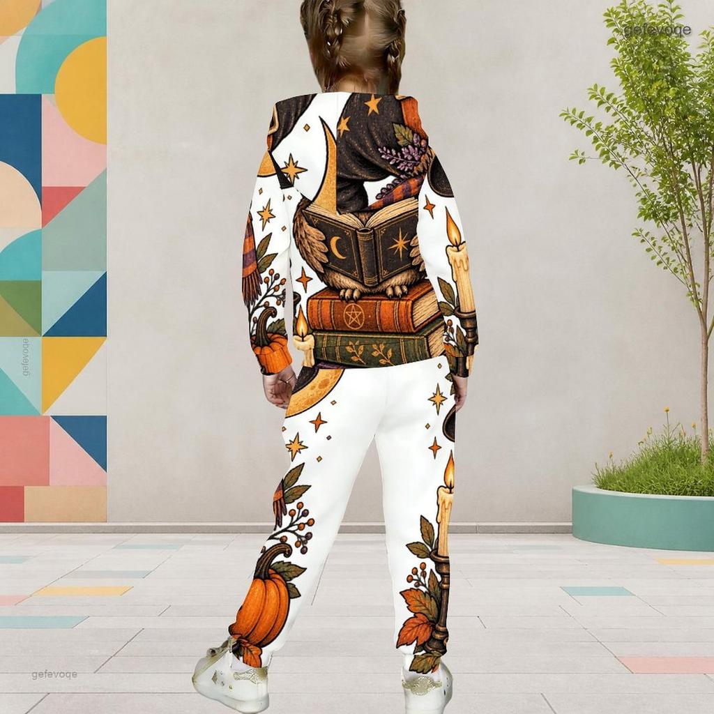 Girls Hooded Long Sleeve Owl Book Printed Two Piece Set Kangaroo Pocket Cuffed Pants
