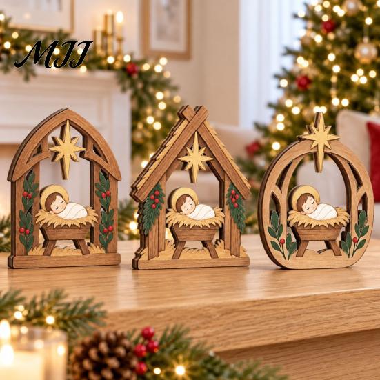 Stable Solid Wood Crafts 3Pcs Wooden Nativity Scene Decor, Christmas Manger Ornaments, Holy Family Vintage Style Xmas Ornaments Baby Jesus Tabletop