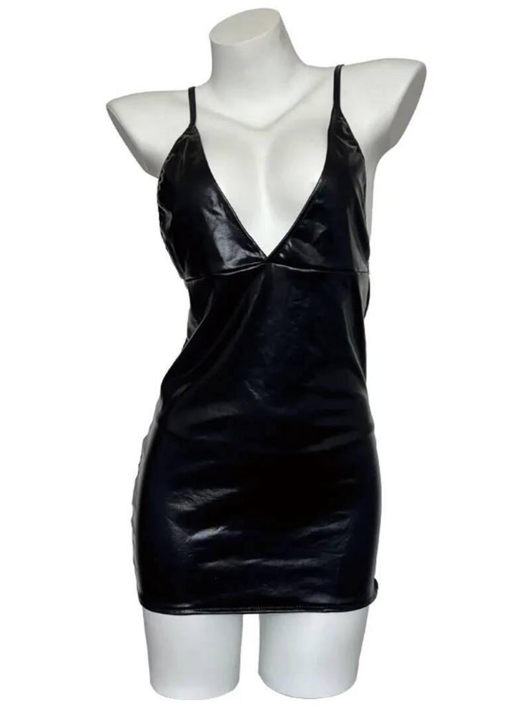 New Sexy Home Short Dress Elegant Pu Patchwork Mesh Tight Bodycon Dress Nightdress Bodycon Strap Pure Desire Dresses 657P