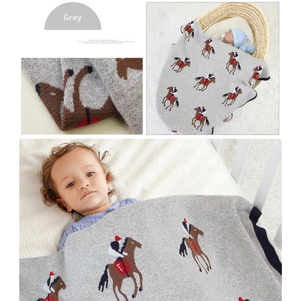 Baby Blanket with Horse 100cm X [100% Cotton] Pattern, 80cm, Multi-colored, 100% Cotton, Gray, RR-0015-GR