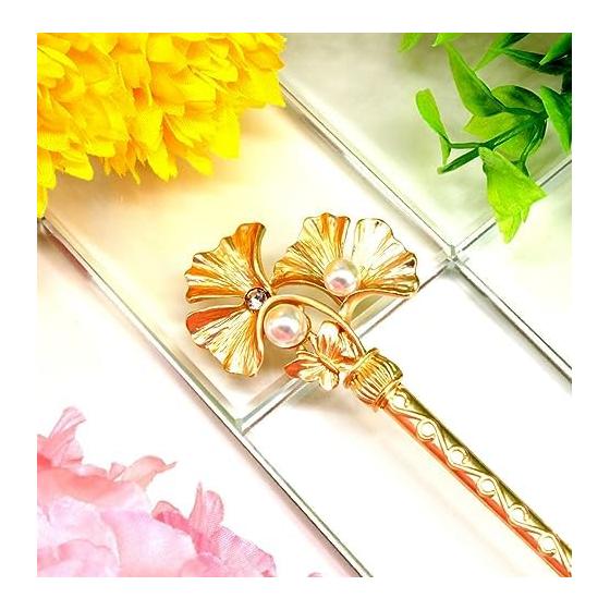 Miaomyao Hair Stick Hairpin for Yukata, Kimono, Japanese Traditional Wear - Pearl, Antique, Zirconia, Gold Hair Accessory