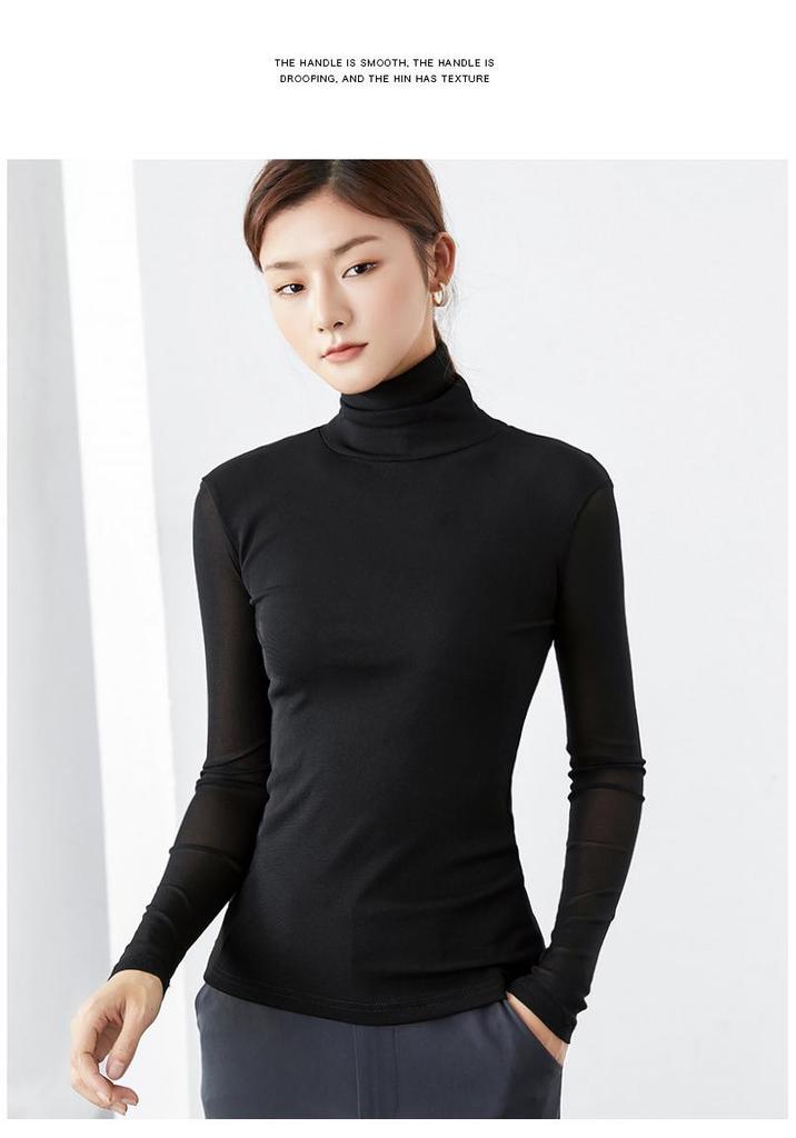 Women's Velvet Mesh High-Neck Base Layer: Long-Sleeve, Solid Color, Slim Fit for Autumn/Winter 2023