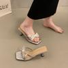 Fashion Bow Crystal Women's Slippers Square Toe High Heels Shoes Elegant Luxury Sandals Pumps 2025 Summer Slides Fashion Flip Flops