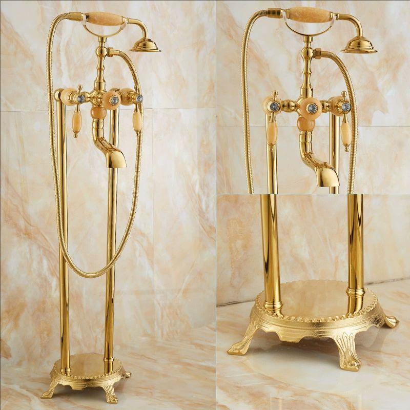 Gold Brass Floor Stand Bathtub Shower Faucet Swivel Spout Bathroom Jade shower faucet Mixers Tap Jade Standing Bathtub Faucet