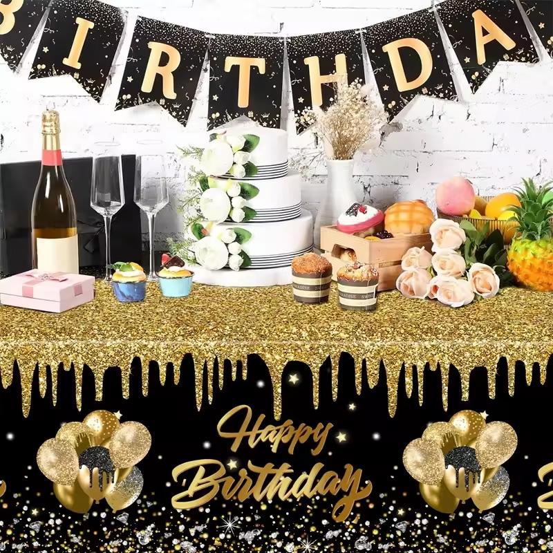 274x137cm Black Gold Disposable Tablecloth Kids Adults 30 40 50 60 Years Old Birthday Party Decoration Home Table Cover Supplies