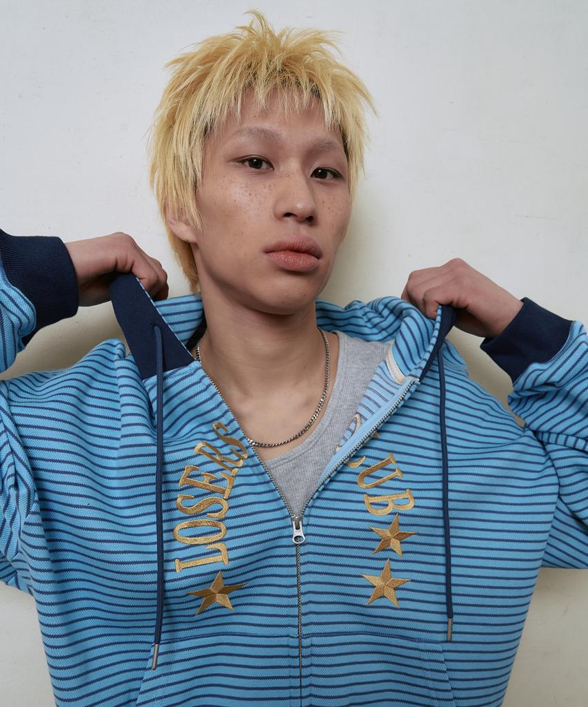 Losers Club Striped Two-Tone Two-Way Zip-Up Hoodie Sky Blue