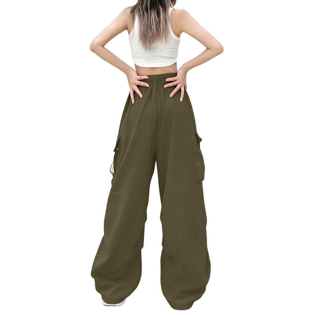 Women's Vintage Straight Leg Cargo Pants Elastic Waistband Drawstring Adjustable Hem Utility Workwear Trousers