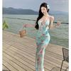 Seaside Vacation Wind V-neck Floral Neck Suspender Dress, Beautiful Waist Slim-fitting Hip-wrapped Split-fork Long Dress