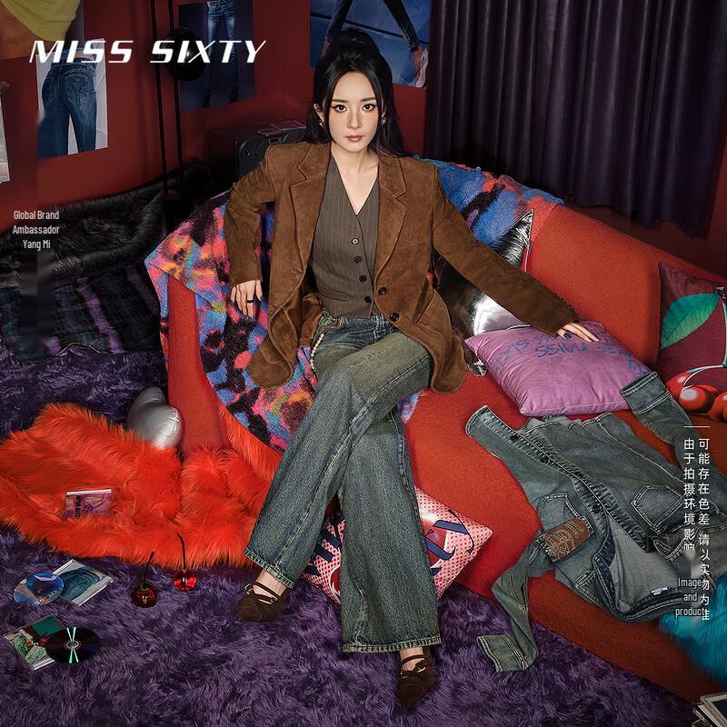 

MISS SIXTY Yang Mi Style 2025 Autumn Distressed Flared Jeans with Faux Leather Waist 25