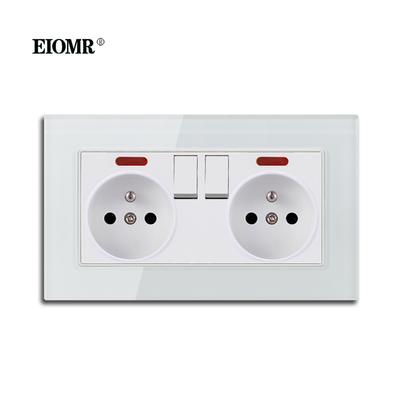 EIOMR EU Dual Power Socket 16A with Switch Crystal Glass Panel 146mm*86mm with LED Indicator Wall Socket France Russia Spain