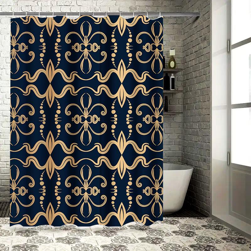 Luxurious Shower Curtain Set Waterproof, Non-slip Bathtub Cover Elegant Blue Gold Pattern Decorative Shower Panels for Bathroom