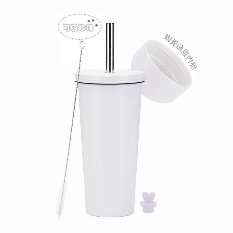 710ml Vacuum Insulated Stainless Steel Tumbler With Ceramic Coating Inner Straw Lid Hot Cold Drinks