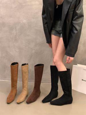 Inner Heightening Pointed Suede Thin Medium Tube Boots Women's Shoes 2025 Autumn and Winter Velvet Brown Tube Knight Boots