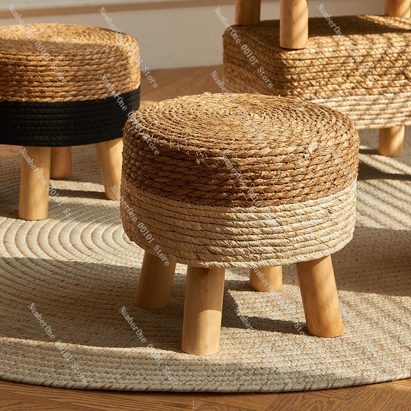 Pastoral Rattan Shoe Stool Small Round Stool Living Room Woven Sitting Pier