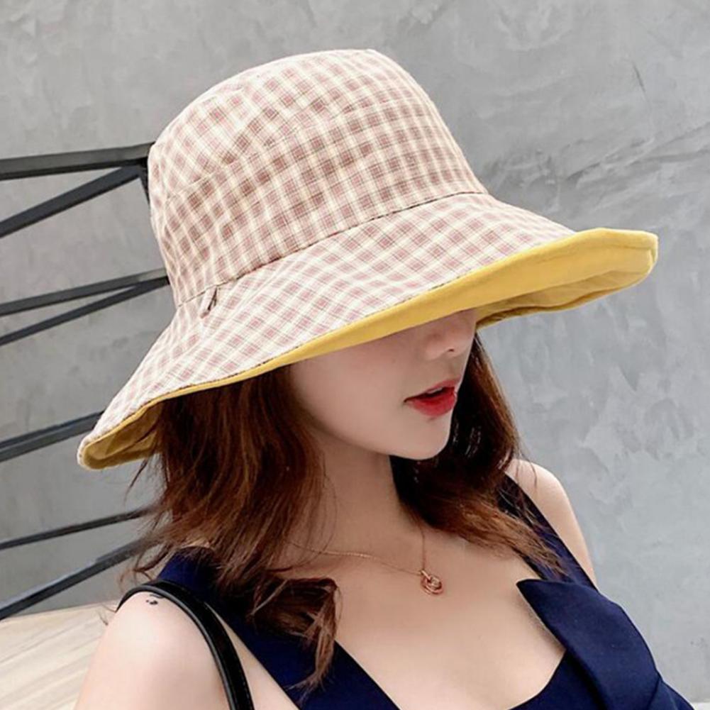 Women Double-sided Plaid Pattern Fisherman Hat Large Brim Letters Pattern Sun Hat