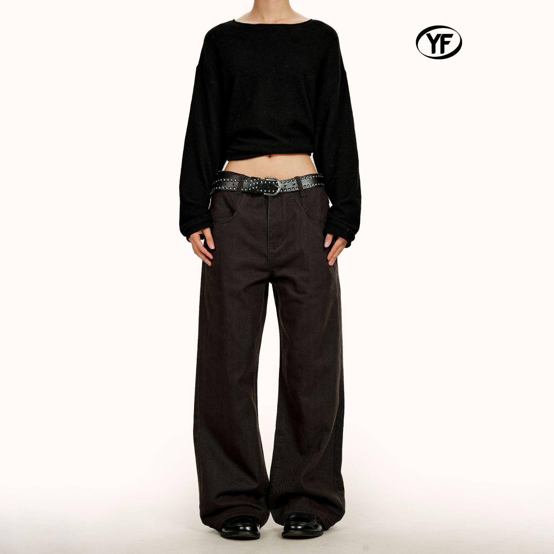 

Yongfang Unisex Retro Dark Roast Brown Straight Leg Workwear Denim Jeans - Loose Fit Trendy Pants S