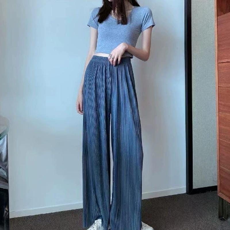 

1 шт. Брюки палаццо с высокой талией, модные блестящие длинные прямые брюки-трубы, универсальные женские плиссированные свободные синий/серый